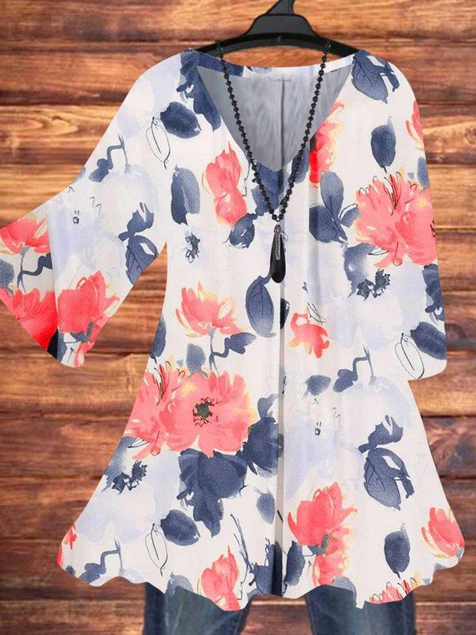 3/4 Sleeve V Neck Cotton Floral Tops Tunics