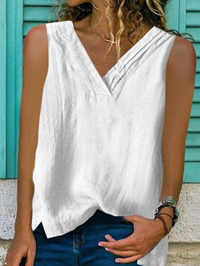 Ladies Cotton Linen V-Neck Hem Bifurcated Sleeveless Vest