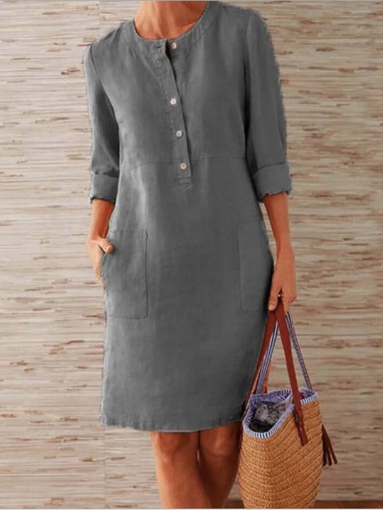 Solid Color Buttons Mid-length Sleeve Round Neck Dress