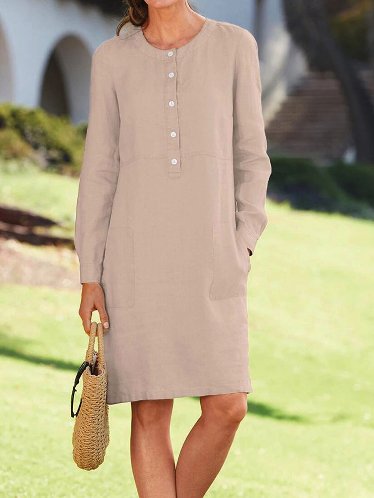 Solid Color Buttons Mid-length Sleeve Round Neck Dress