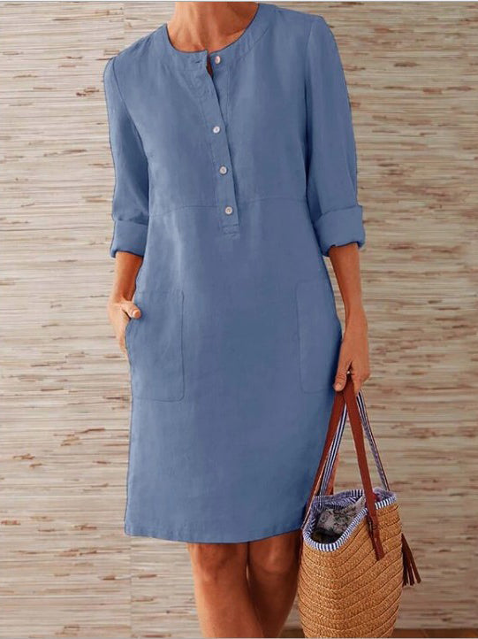 Solid Color Buttons Mid-length Sleeve Round Neck Dress