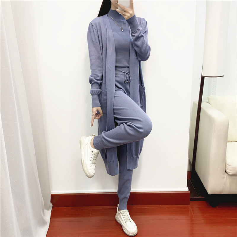 Casual knitted cardigan vest and pants three-piece set