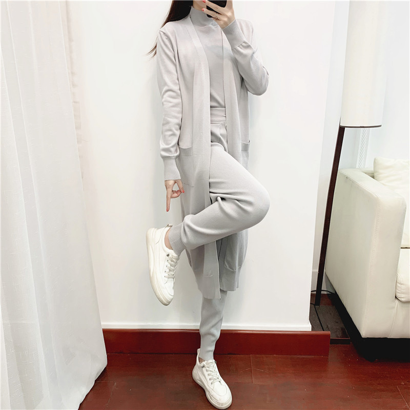 Casual knitted cardigan vest and pants three-piece set