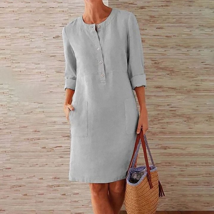 Cotton Linen  Cotton Linen Plus Size Women's Cotton Linen Round Neck Long Sleeve Dress