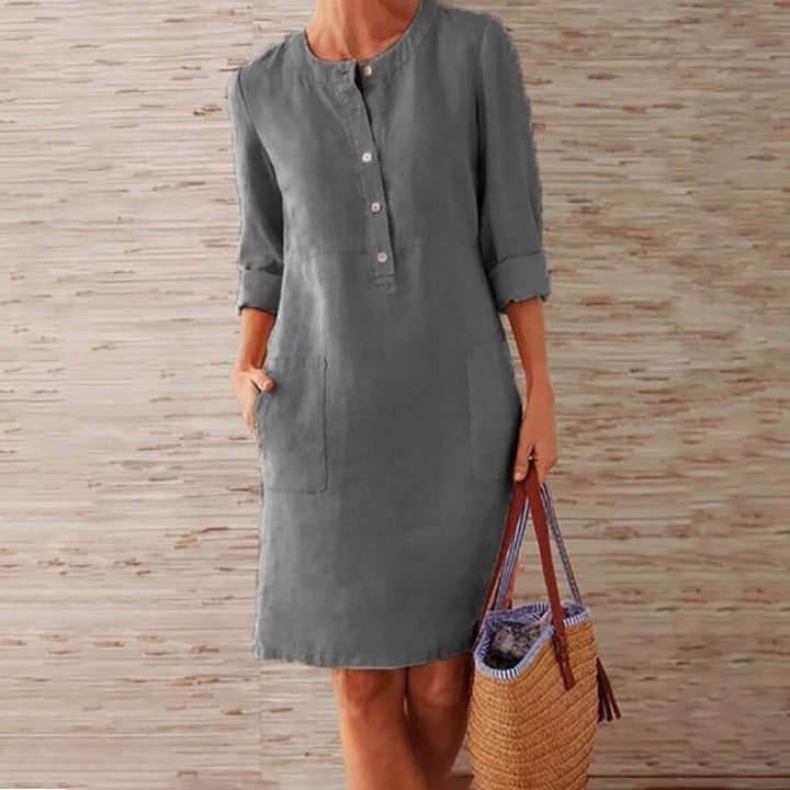 Cotton Linen  Cotton Linen Plus Size Women's Cotton Linen Round Neck Long Sleeve Dress