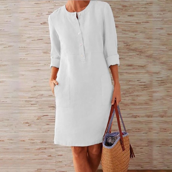 Cotton Linen  Cotton Linen Plus Size Women's Cotton Linen Round Neck Long Sleeve Dress