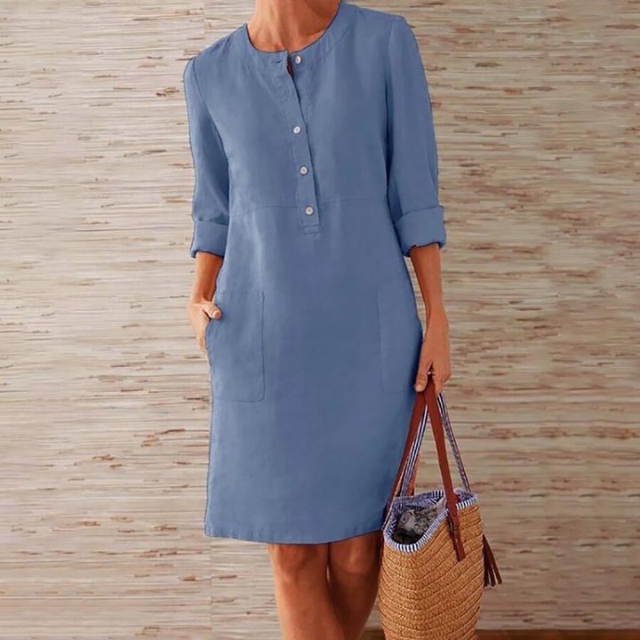 Cotton Linen  Cotton Linen Plus Size Women's Cotton Linen Round Neck Long Sleeve Dress