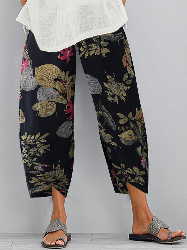 Elastic Waist Vintage Print 9th-Point Pants