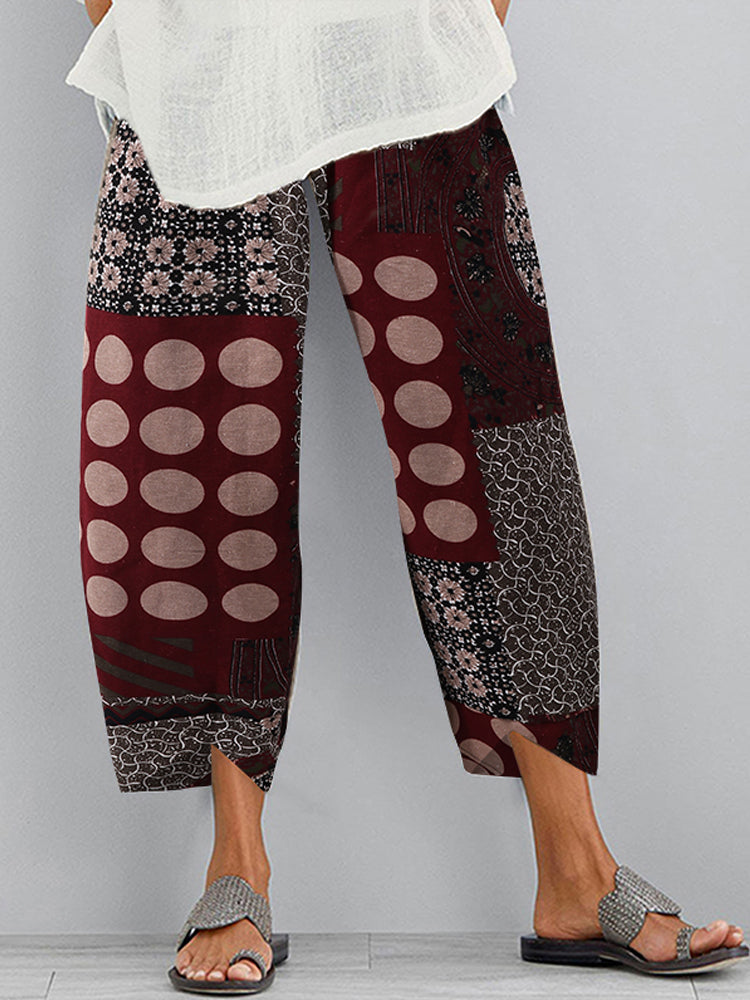 Elastic Waist Vintage Print 9th-Point Pants