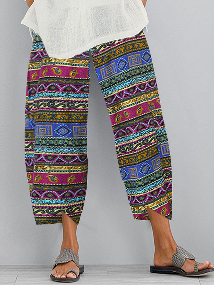 Elastic Waist Vintage Print 9th-Point Pants