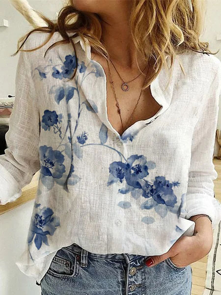 Women's Floral print cotton and linen V-neck blouse