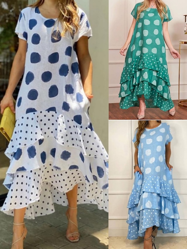 Women's Long Dress Maxi Dress Swing Dress Summer Dress PolkaDotDress Polka Dot Fashion Modern Daily Holiday Date Layered Print Short Sleeve Crew Neck Dress Regular Fit White Yellow Pink Summer