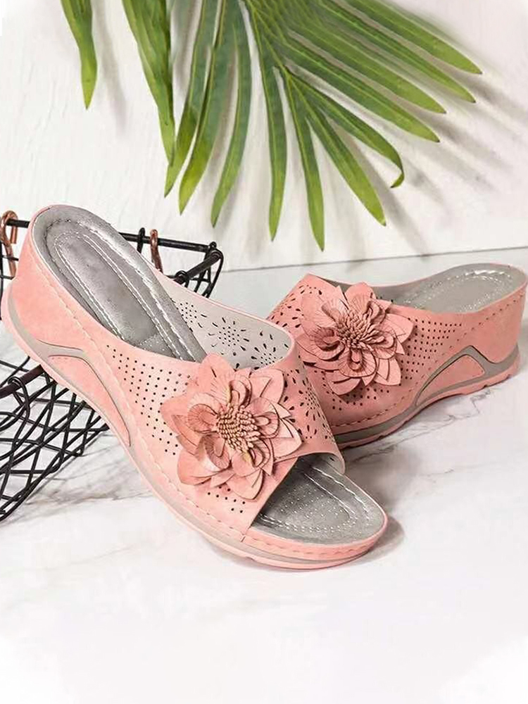 Women's Wedge Heel Fish Mouth Cutout Flower Casual Sandals