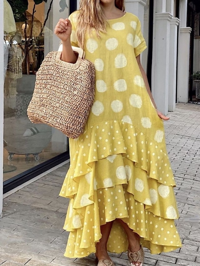 Women's Long Dress Maxi Dress Swing Dress Summer Dress PolkaDotDress Polka Dot Fashion Modern Daily Holiday Date Layered Print Short Sleeve Crew Neck Dress Regular Fit White Yellow Pink Summer