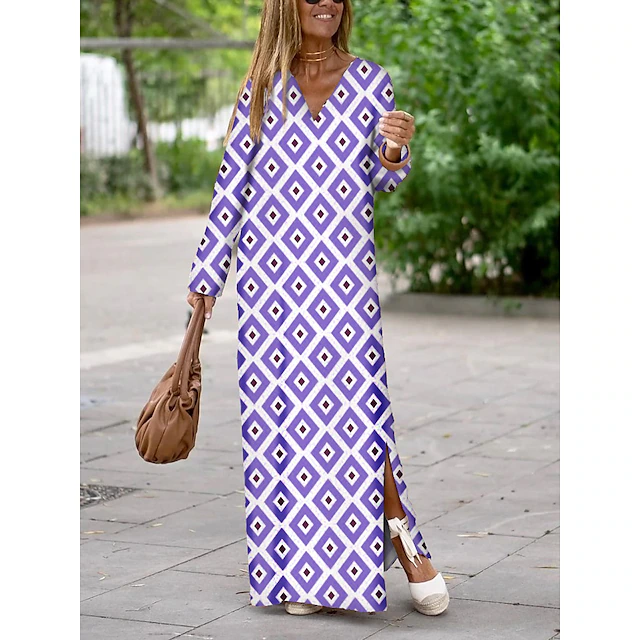 Women's Casual Dress Satin Dress Print Dress Long Dress Maxi Dress Streetwear Modern Geometric Split Print Outdoor Daily Holiday V Neck Long Sleeve Dress Regular Fit Yellow Wine Red Summer Spring