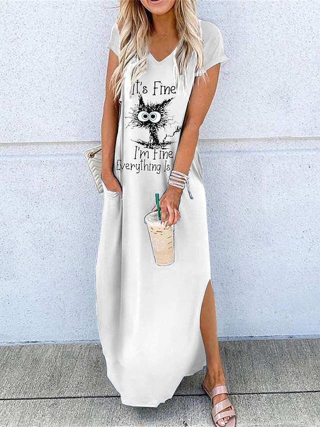 Women's Long Dress Maxi Dress Casual Dress Graphic Letter Classic Casual Home Vacation Weekend Split Short Sleeve V Neck Dress Loose Fit White Yellow Blue Summer S M L XL XXL