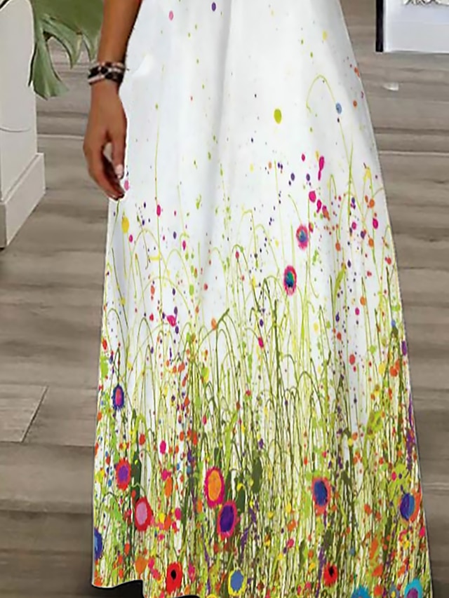 Women's Long Dress Maxi Dress A Line Dress Print Dress Floral Fashion Romantic Holiday Vacation Beach Lace Ruched Short Sleeve V Neck Dress Regular Fit White Summer Spring S M L XL XXL