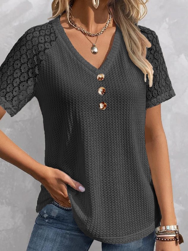 V Neck Buckle Polyester Cotton Casual Blouse