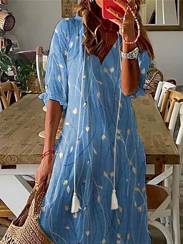 Women's Long Dress Maxi Dress Casual Dress A Line Dress Summer Dress Geometric Fashion Streetwear Outdoor Daily Vacation Tassel Fringe Ruffle Half Sleeve V Neck Dress Loose Fit Blue Summer Spring S M