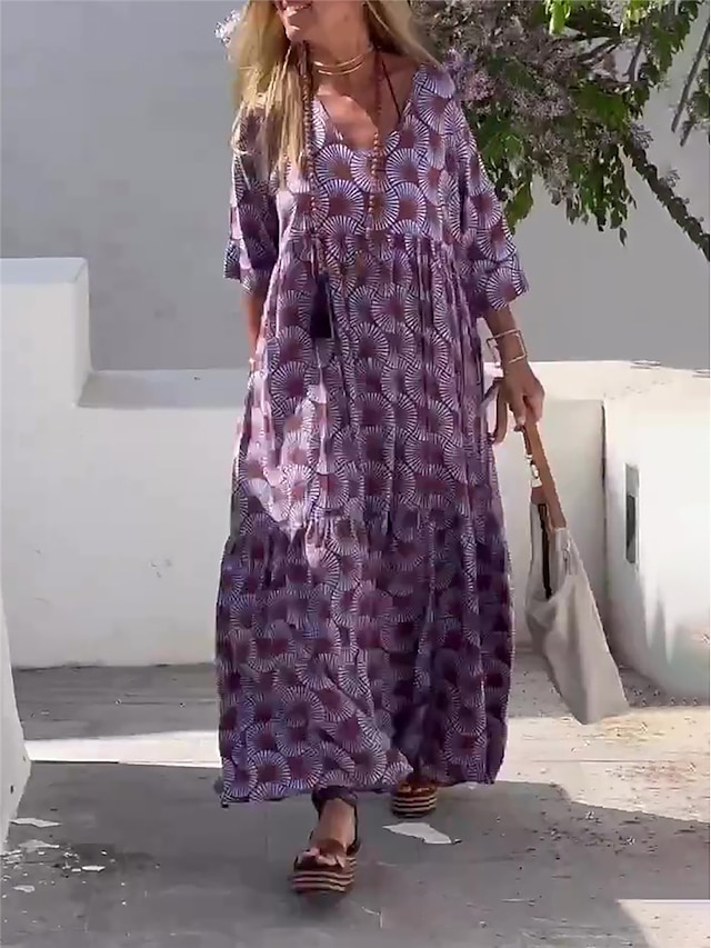 Women's Long Dress Maxi Dress Casual Dress Swing Dress Summer Dress Geometric Fashion Streetwear Outdoor Daily Holiday Print 3/4 Length Sleeve V Neck Dress Loose Fit Purple Summer Spring S M L XL XXL