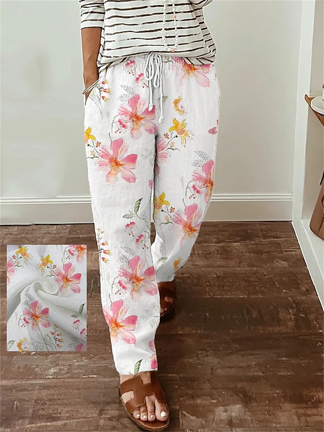 Women's Wide Leg Pants Trousers Faux Linen White Fashion Casual Office Daily Holiday Side Pockets Print Full Length Comfort Floral