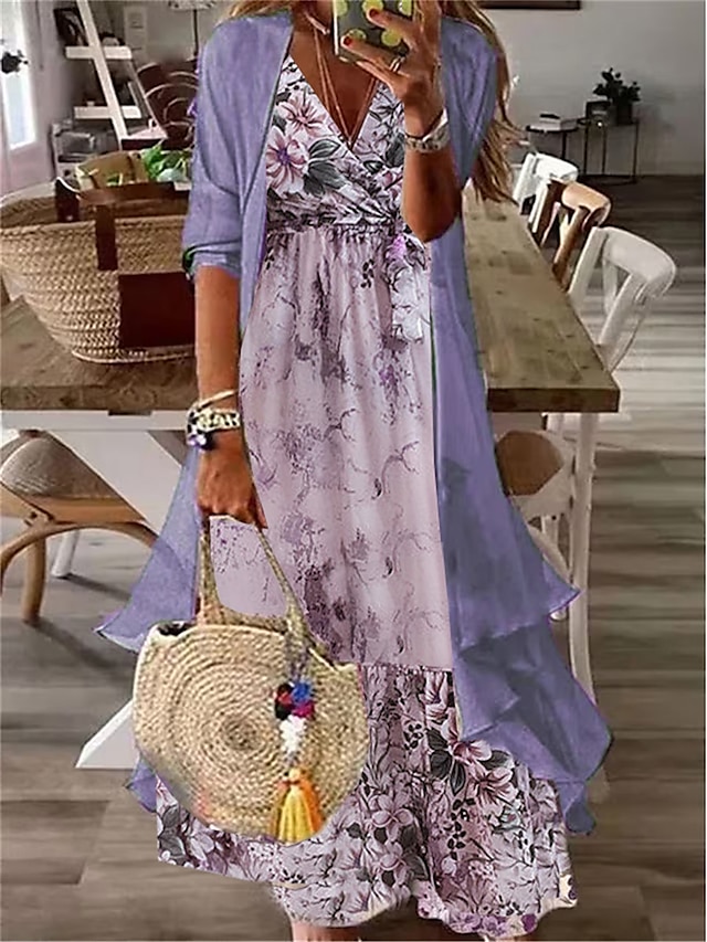 Women's Two Piece Dress Set Casual Dress Print Dress Outdoor Daily Fashion Modern Print Long Dress Maxi Dress V Neck Half Sleeve Floral Loose Fit Purple Summer Spring S M L XL XXL