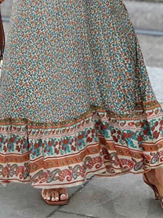 Women's Two Piece Dress Set Casual Dress Swing Dress Outdoor Daily Vintage Ethnic Lace up Print Long Dress Maxi Dress V Neck Short Sleeve Floral Paisley Regular Fit Green Summer Spring S M L XL XXL