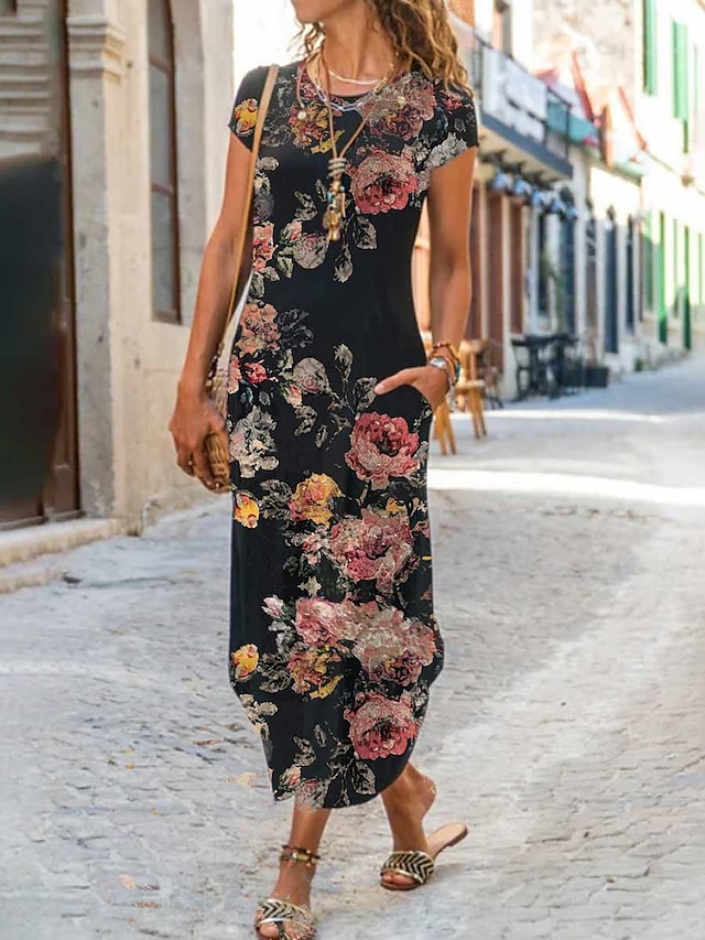 Women's Long Dress Maxi Dress Casual Dress Shift Dress Summer Dress Floral Fashion Streetwear Outdoor Daily Going out Pocket Split Short Sleeve Crew Neck Dress Regular Fit Black White Red Summer