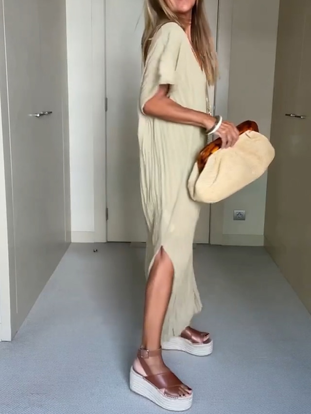 Women's Long Dress Maxi Dress Casual Dress Shift Dress Summer Dress Plain Fashion Modern Outdoor Daily Vacation Ruched Split Short Sleeve V Neck Dress Loose Fit Beige Summer Spring S M L XL XXL