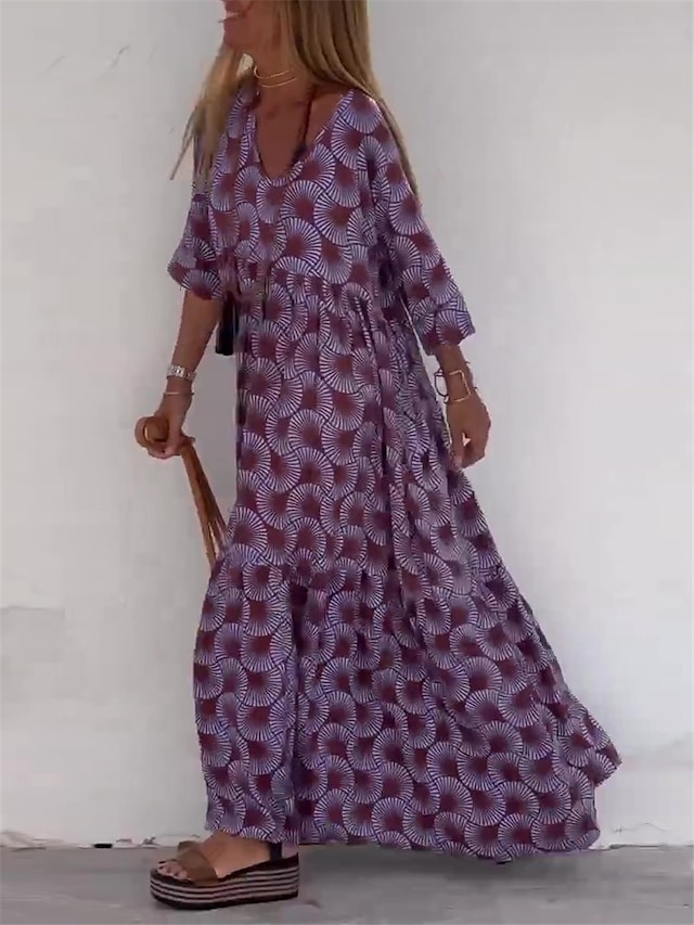 Women's Long Dress Maxi Dress Casual Dress Swing Dress Summer Dress Geometric Fashion Streetwear Outdoor Daily Holiday Print 3/4 Length Sleeve V Neck Dress Loose Fit Purple Summer Spring S M L XL XXL