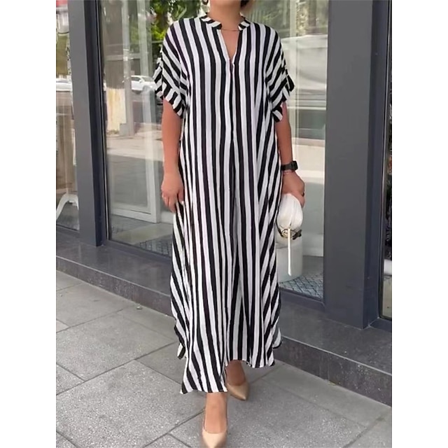 Women's Long Dress Maxi Dress Shirt Dress Casual Dress Swing Dress Striped Streetwear Casual Outdoor Vacation Going out Button Split Short Sleeve V Neck Dress Loose Fit Black Red Blue Summer Spring S