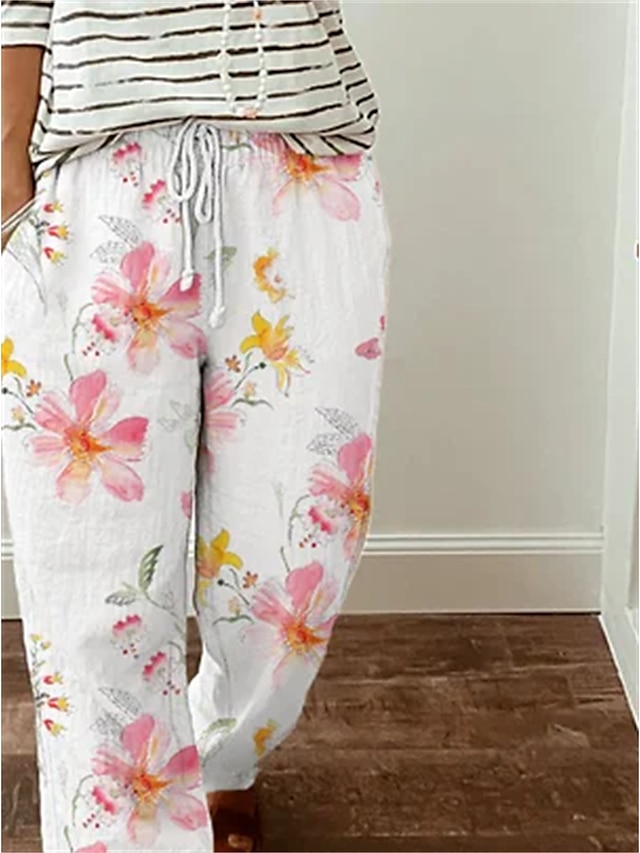 Women's Wide Leg Pants Trousers Faux Linen White Fashion Casual Office Daily Holiday Side Pockets Print Full Length Comfort Floral