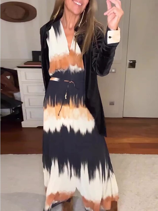 Women's Long Dress Maxi Dress Casual Dress A Line Dress Summer Dress Tie Dye Fashion Streetwear Outdoor Daily Holiday Print Long Sleeve V Neck Dress Loose Fit Orange Summer Spring S M L XL XXL