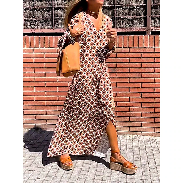 Women's Casual Dress Satin Dress Print Dress Long Dress Maxi Dress Streetwear Modern Geometric Split Print Outdoor Daily Holiday V Neck Long Sleeve Dress Regular Fit Yellow Wine Red Summer Spring