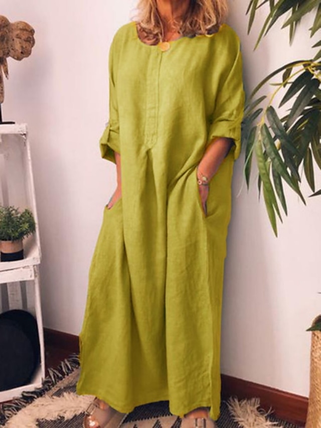 Women's Casual Dress Cotton Linen Dress Shift Dress Maxi long Dress Bamboo Fashion Modern Outdoor Daily Vacation Crew Neck Pocket Long Sleeve Summer Spring Fall 2023 Regular Fit Black Yellow Wine