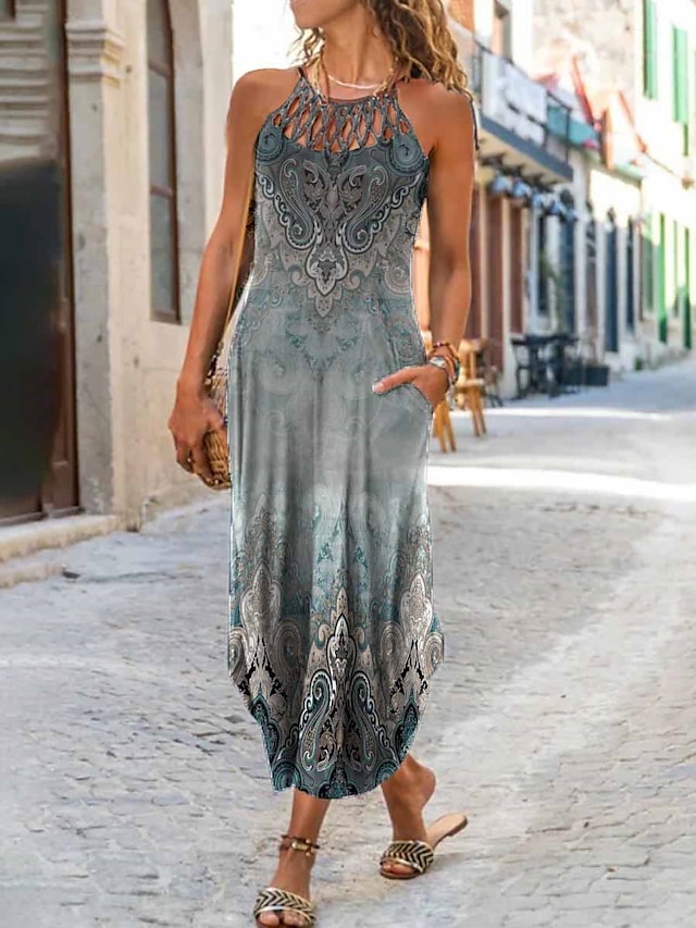 Women's Long Dress Maxi Dress Casual Dress Summer Dress Slip Dress Tribal Retro Vintage Daily Vacation Going out Hole Print Sleeveless Halter Dress Loose Fit Blue Summer Spring S M L XL XXL