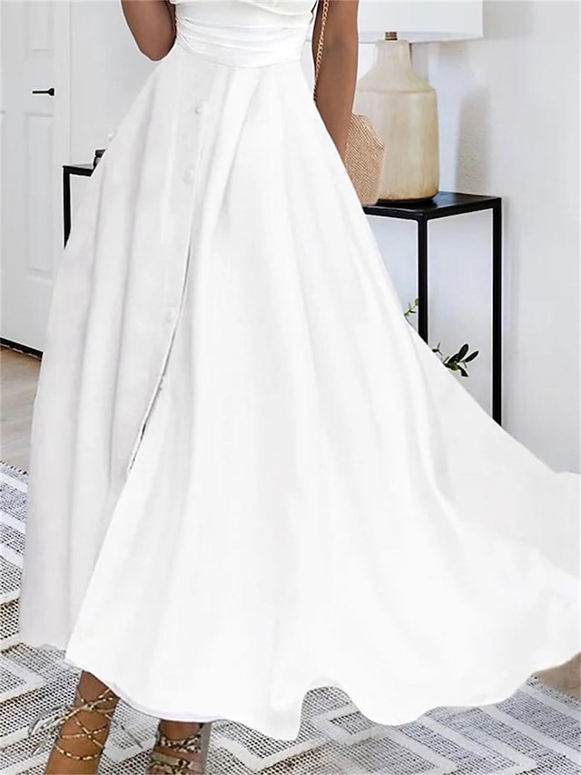 Women's Prom Dress Wedding Guest Dress Party Dress Long Dress Maxi Dress White Sleeveless Pure Color Ruched Summer Spring V Neck Fashion Evening Party Wedding Guest Vacation 2023 S M L XL 2XL 3XL