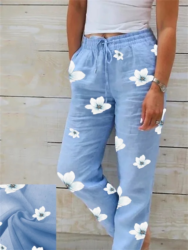 Women's Pants Trousers Faux Linen Blue Fashion Holiday Weekend Side Pockets Full Length Comfort Floral