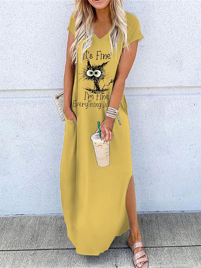 Women's Long Dress Maxi Dress Casual Dress Graphic Letter Classic Casual Home Vacation Weekend Split Short Sleeve V Neck Dress Loose Fit White Yellow Blue Summer S M L XL XXL