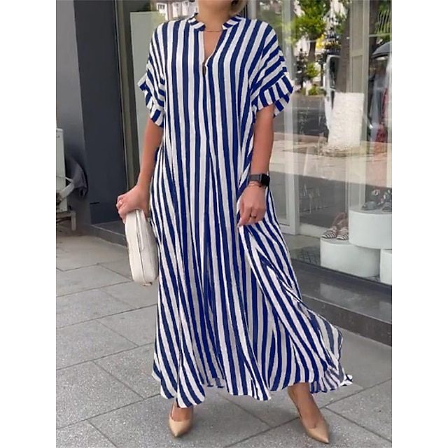 Women's Long Dress Maxi Dress Shirt Dress Casual Dress Swing Dress Striped Streetwear Casual Outdoor Vacation Going out Button Split Short Sleeve V Neck Dress Loose Fit Black Red Blue Summer Spring S