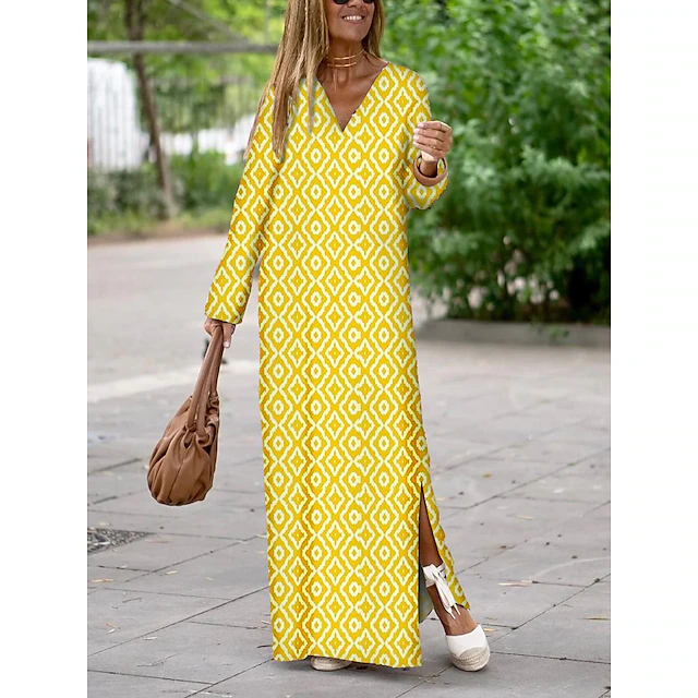 Women's Casual Dress Satin Dress Print Dress Long Dress Maxi Dress Streetwear Modern Geometric Split Print Outdoor Daily Holiday V Neck Long Sleeve Dress Regular Fit Yellow Wine Red Summer Spring