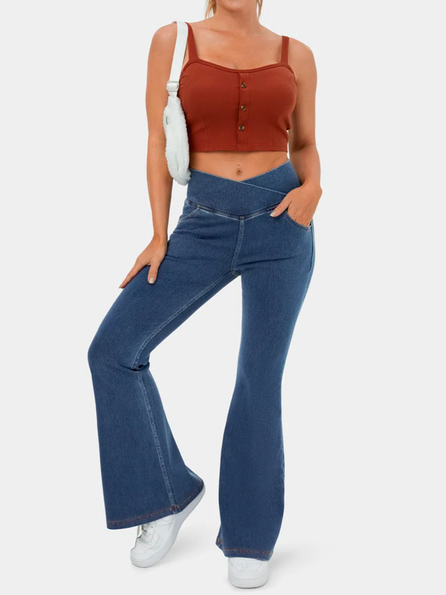 High Waisted Crossover Pocket Washed Stretchy Knit Denim Casual Super Flare Pants