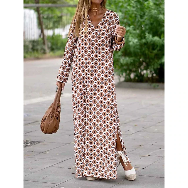 Women's Casual Dress Satin Dress Print Dress Long Dress Maxi Dress Streetwear Modern Geometric Split Print Outdoor Daily Holiday V Neck Long Sleeve Dress Regular Fit Yellow Wine Red Summer Spring