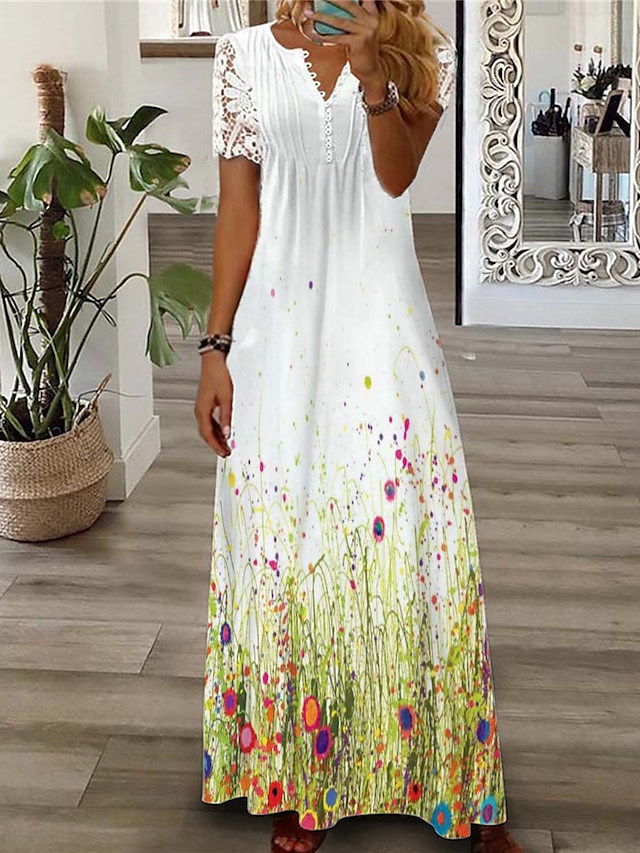 Women's Long Dress Maxi Dress A Line Dress Print Dress Floral Fashion Romantic Holiday Vacation Beach Lace Ruched Short Sleeve V Neck Dress Regular Fit White Summer Spring S M L XL XXL