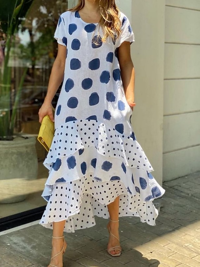 Women's Long Dress Maxi Dress Swing Dress Summer Dress PolkaDotDress Polka Dot Fashion Modern Daily Holiday Date Layered Print Short Sleeve Crew Neck Dress Regular Fit White Yellow Pink Summer