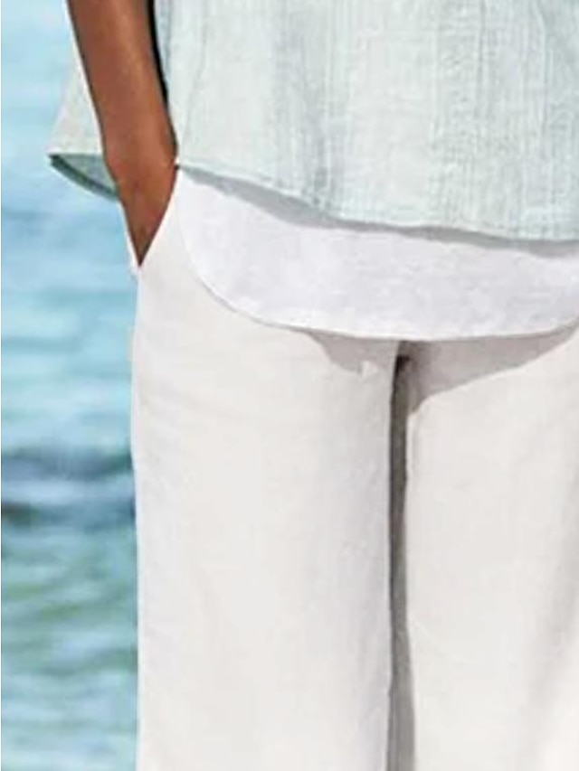 Women's Linen Pants Capri shorts Faux Linen White Casual Holiday Weekend Side Pockets Cut Out Calf-Length Comfort Solid Colored