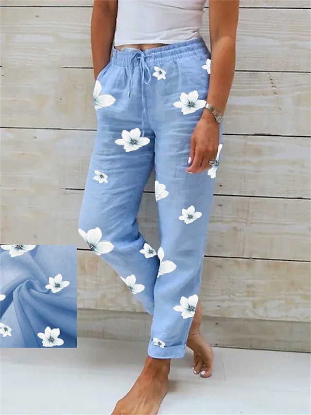 Women's Pants Trousers Faux Linen Blue Fashion Holiday Weekend Side Pockets Full Length Comfort Floral