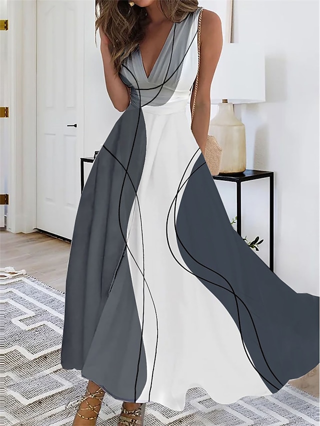 Women's Long Dress Maxi Dress Casual Dress Swing Dress A Line Dress Color Block Fashion Streetwear Outdoor Daily Date Print Sleeveless V Neck Dress Regular Fit Gray Summer Spring S M L XL XXL