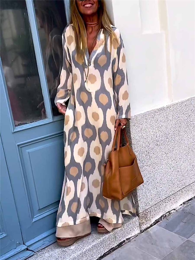 Women's Long Dress Maxi Dress Casual Dress Print Dress SpringDress Geometric Fashion Streetwear Outdoor Daily Date Split Print Long Sleeve V Neck Dress Regular Fit Black Red Green Summer Spring S M