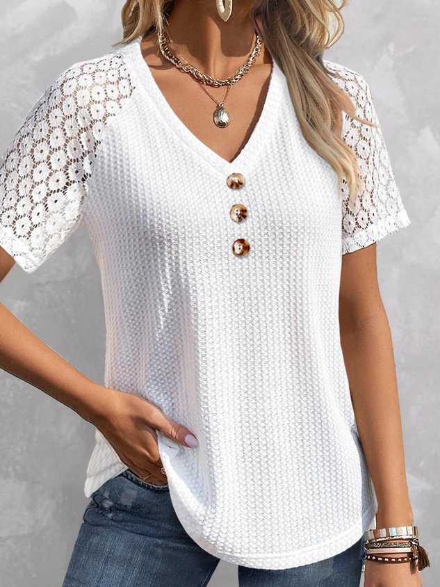 V Neck Buckle Polyester Cotton Casual Blouse